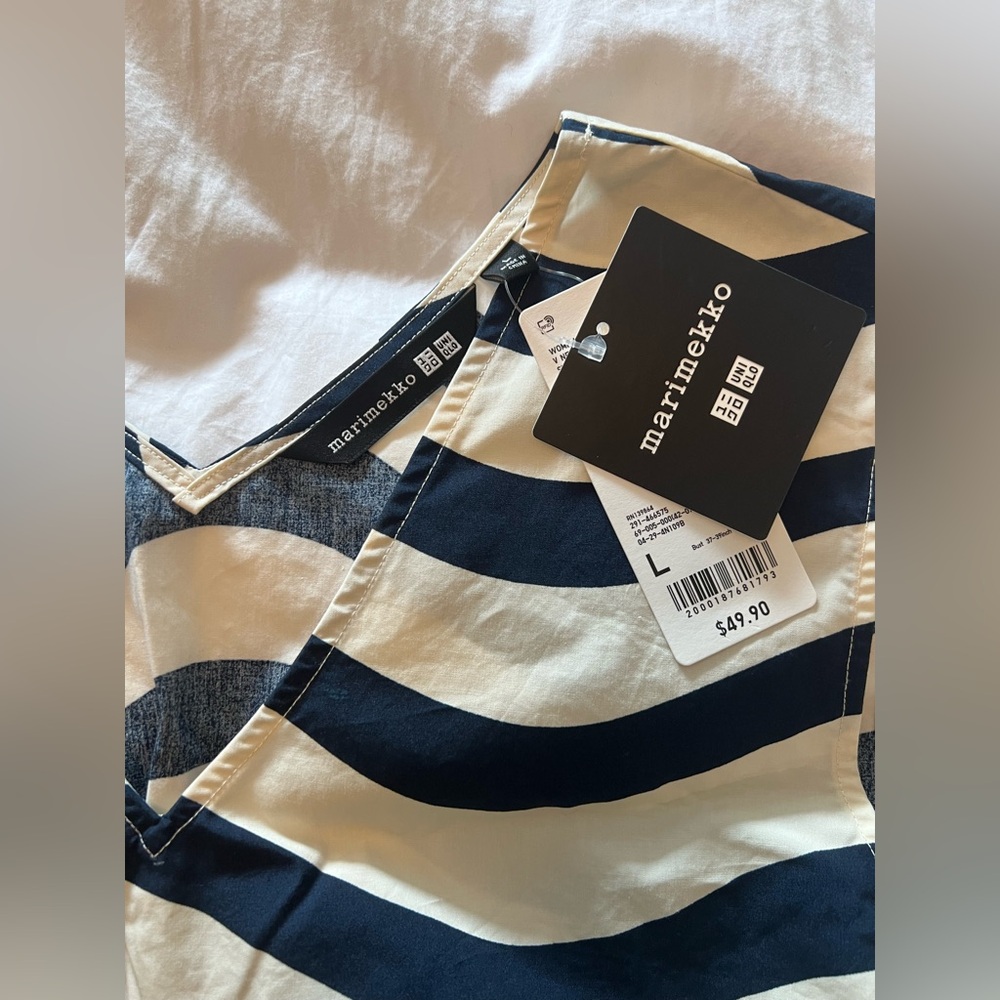 💙 NWT Marimekko x Uniqlo Navy and White Wave Pattern Midi Dress- size L 💙 - Picture 6 of 9